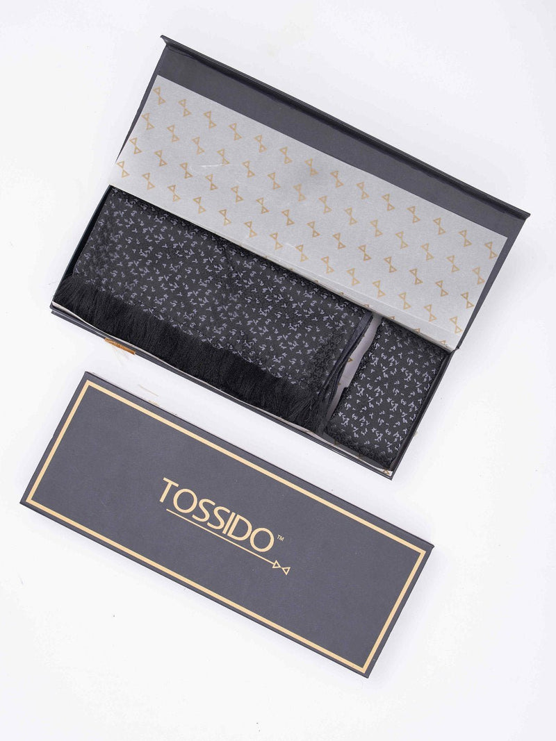 Black Abstract Reversible Stole & Pocket Square Set - TOSSIDO