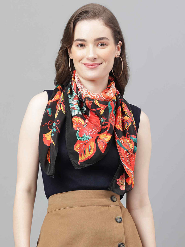Black And Orange Floral Scarf & Scarf Bag Set - TOSSIDO