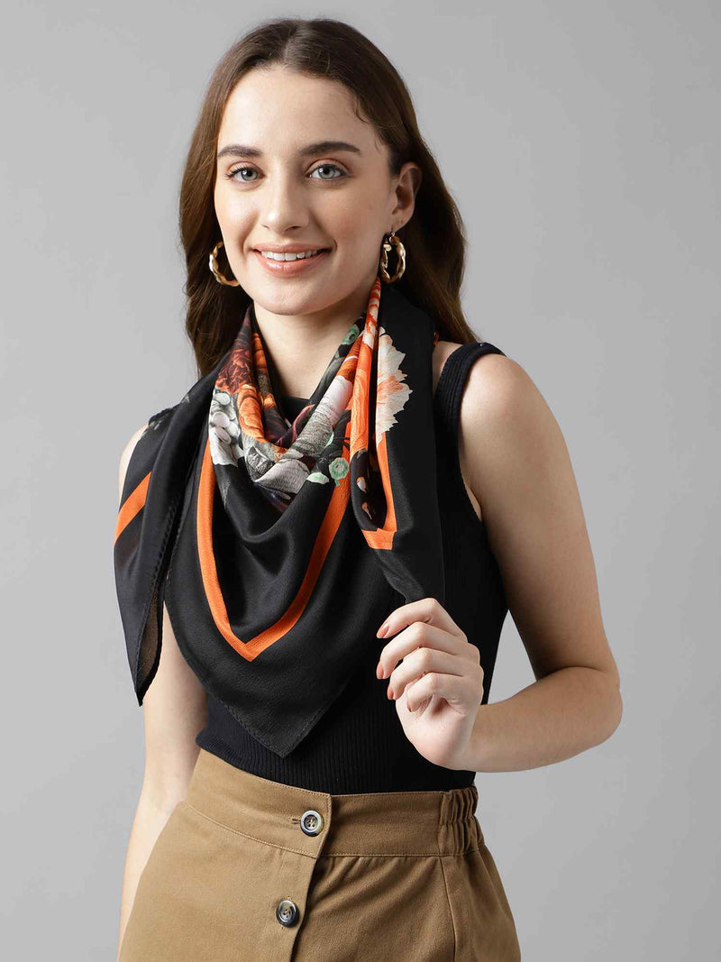 Black And Orange Floral Scarf & Scarf Bag Set - TOSSIDO
