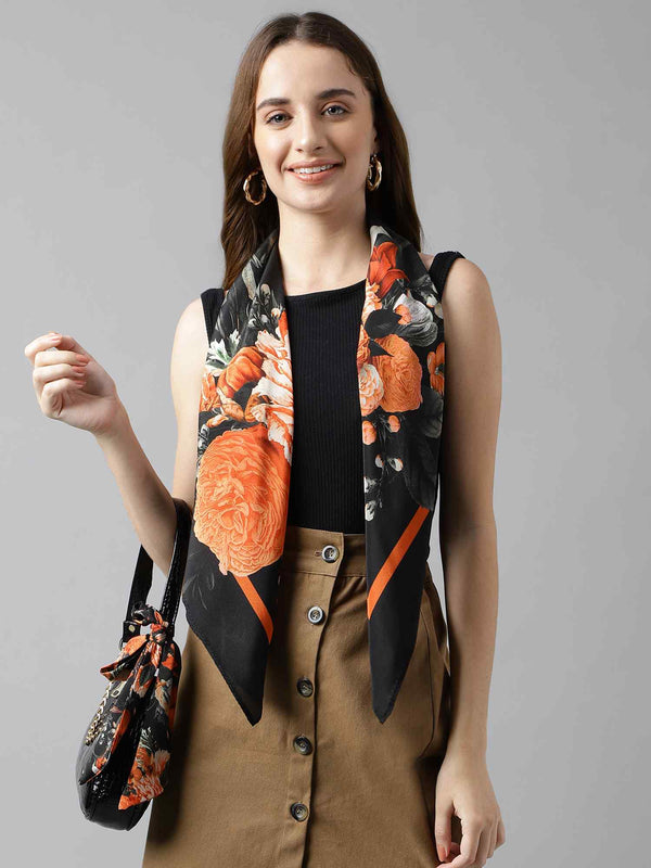 Black And Orange Floral Scarf & Scarf Bag Set - TOSSIDO