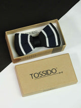 Black Base with Blue &amp; White Striped Knitted Bow Tie - TOSSIDO