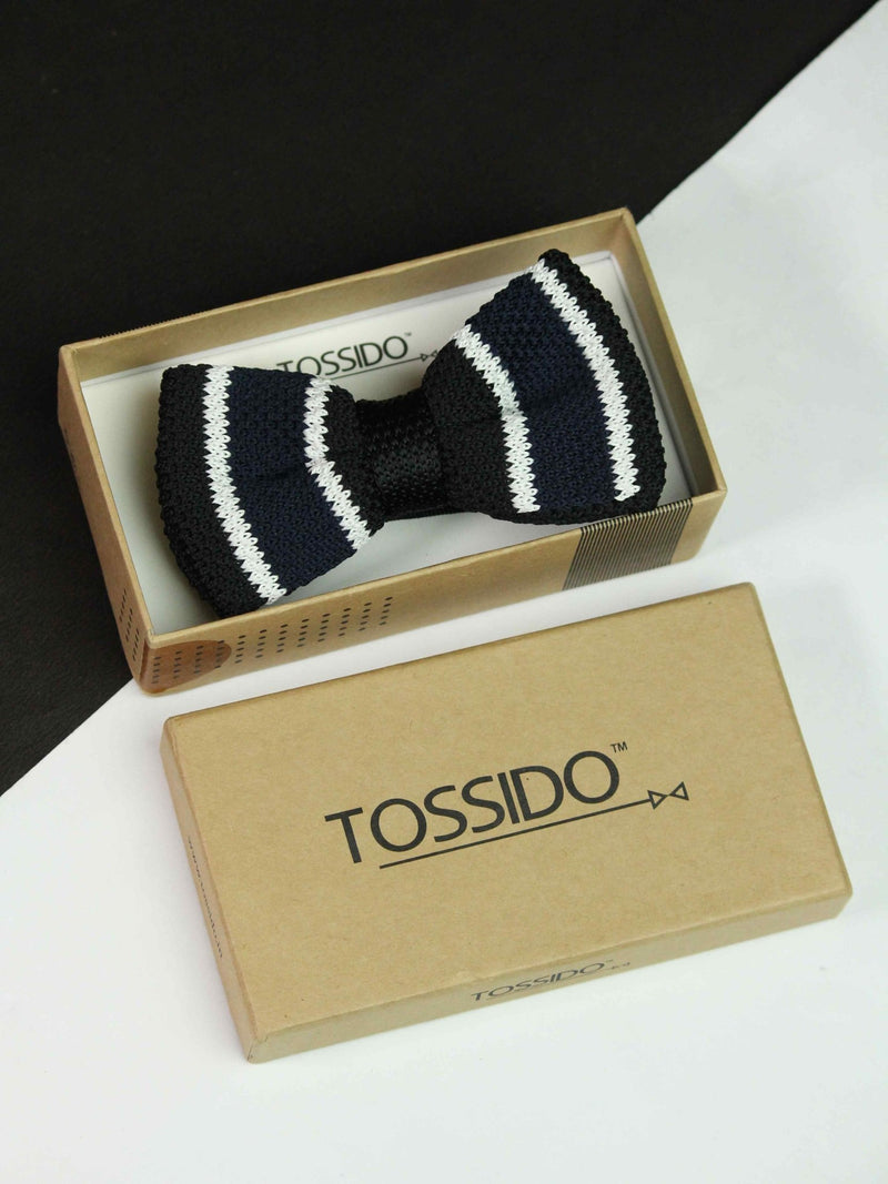 Black Base with Blue &amp; White Striped Knitted Bow Tie - TOSSIDO