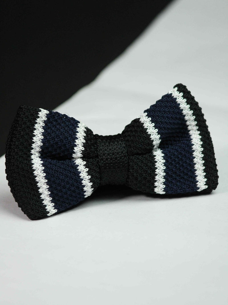 Black Base with Blue &amp; White Striped Knitted Bow Tie - TOSSIDO