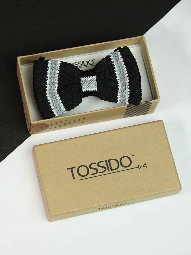 Black Base with Grey Striped Knitted Bow Tie - TOSSIDO