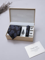 Black & Blue Paisley Necktie Pocket Square Brooch & Cufflinks Giftset