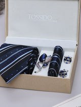 Black & Blue Striped Necktie Pocket Square Brooch & Cufflinks Giftset