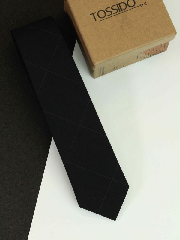 Black Check Wool Skinny Necktie - TOSSIDO