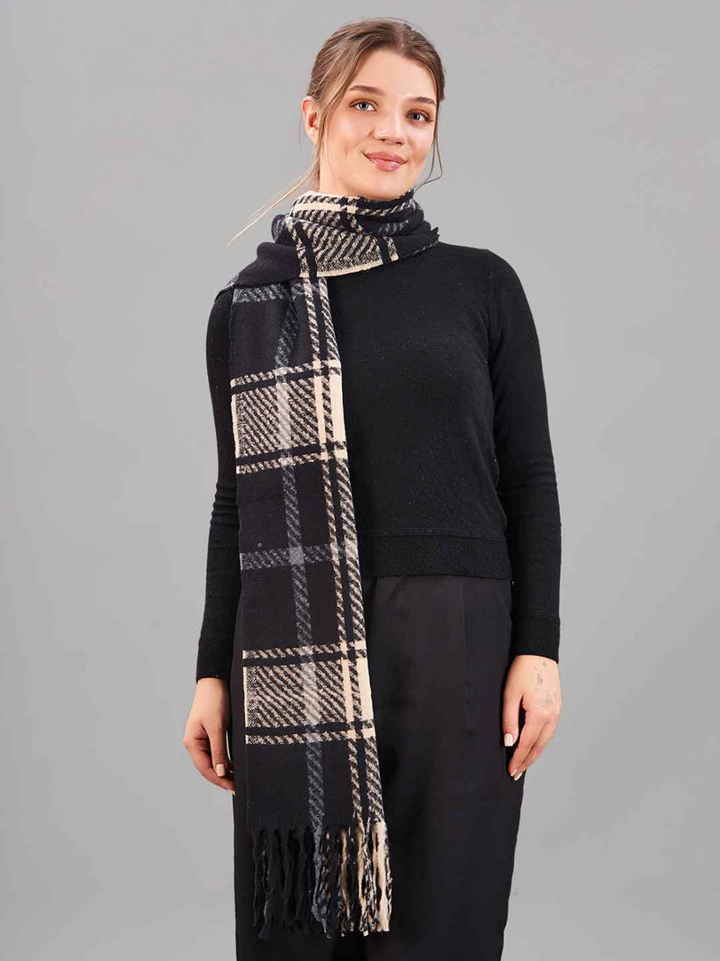 Black Check Woolen Muffler - TOSSIDO