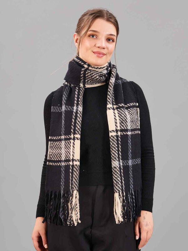 Black Check Woolen Muffler - TOSSIDO