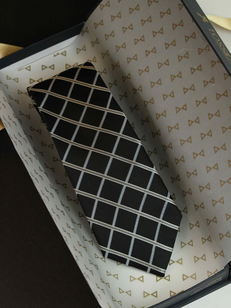 Black Check Woven Silk Necktie - TOSSIDO