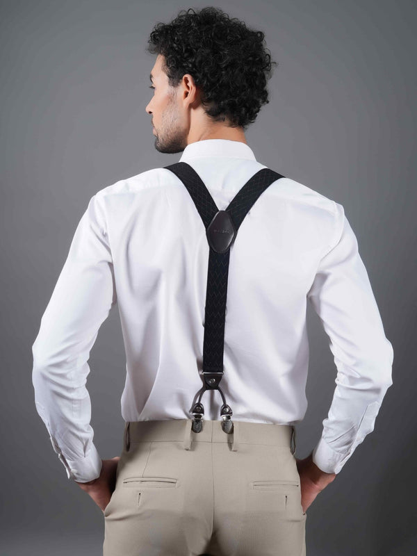 Black Elastic Suspender with Self - Checks & Vegan Leather Patch - TOSSIDO