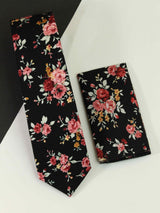 Black Floral Necktie & Pocket Square Giftset - TOSSIDO