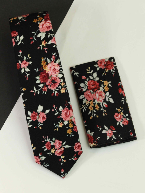 Black Floral Necktie & Pocket Square Giftset - TOSSIDO