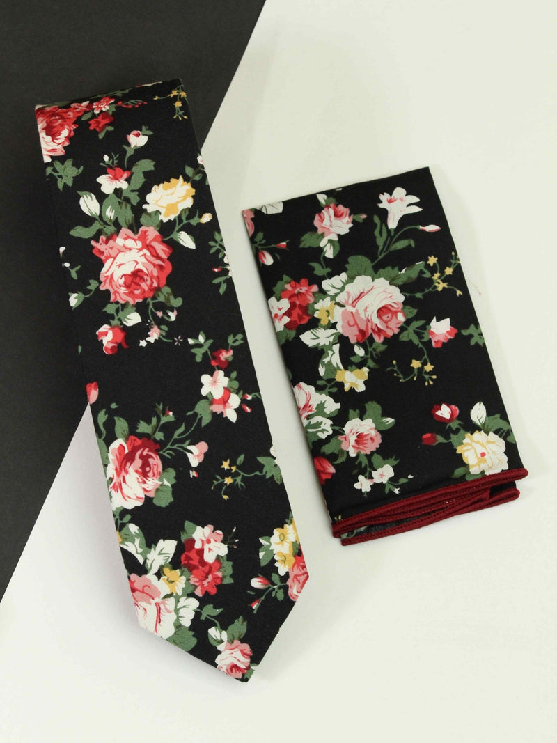 Black Floral Necktie & Pocket Square Giftset - TOSSIDO