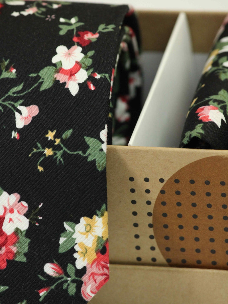 Black Floral Necktie & Pocket Square Giftset - TOSSIDO