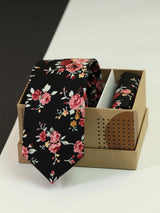 Black Floral Necktie & Pocket Square Giftset - TOSSIDO