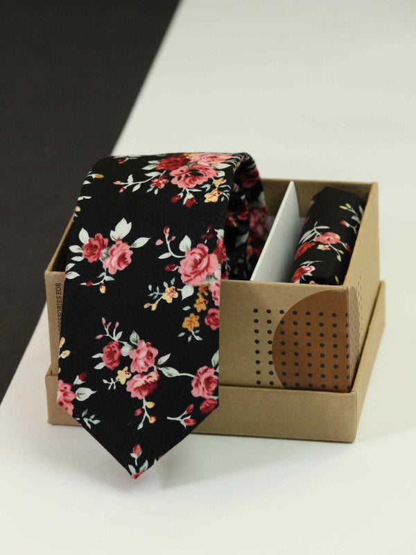 Black Floral Necktie & Pocket Square Giftset - TOSSIDO