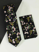 Black Floral Necktie & Pocket Square Giftset - TOSSIDO