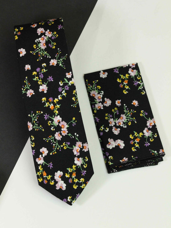 Black Floral Necktie & Pocket Square Giftset - TOSSIDO