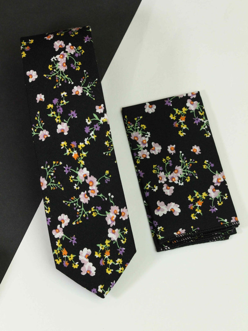 Black Floral Necktie & Pocket Square Giftset - TOSSIDO