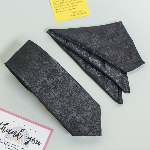 Black Floral Necktie & Pocket Square Giftset - TOSSIDO