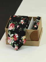 Black Floral Necktie & Pocket Square Giftset - TOSSIDO