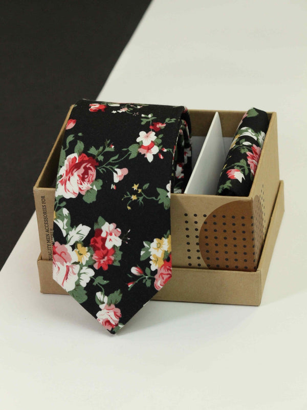 Black Floral Necktie & Pocket Square Giftset - TOSSIDO