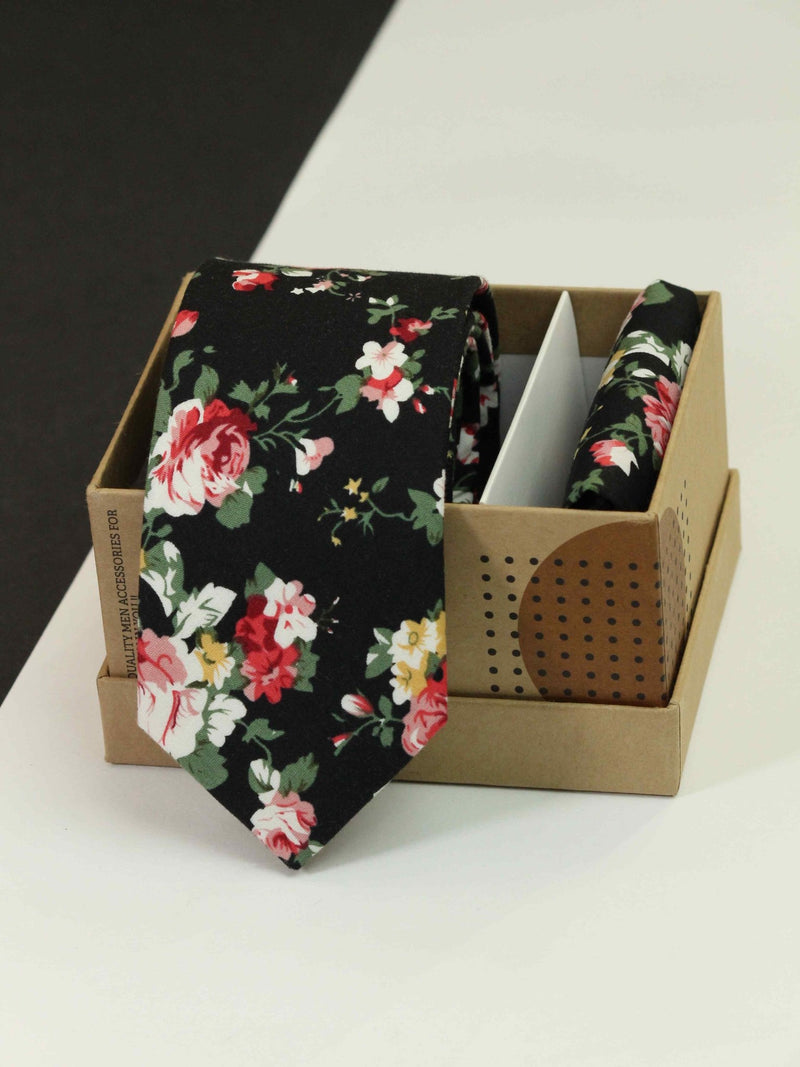 Black Floral Necktie & Pocket Square Giftset - TOSSIDO