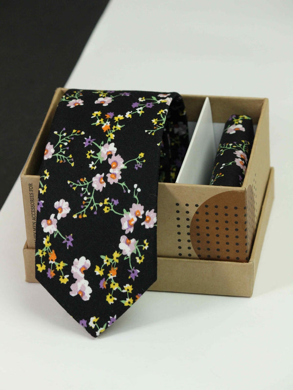 Black Floral Necktie & Pocket Square Giftset - TOSSIDO