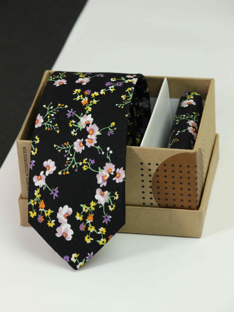 Black Floral Necktie & Pocket Square Giftset - TOSSIDO