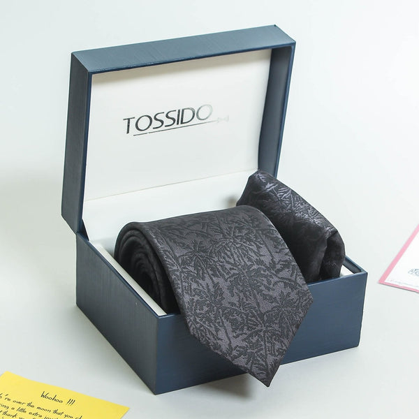 Black Floral Necktie & Pocket Square Giftset - TOSSIDO