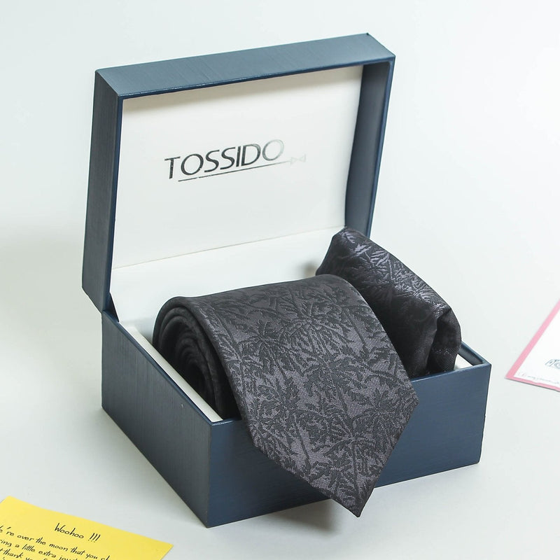 Black Floral Necktie & Pocket Square Giftset - TOSSIDO