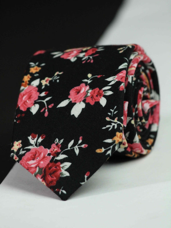Black Floral Skinny Necktie - TOSSIDO