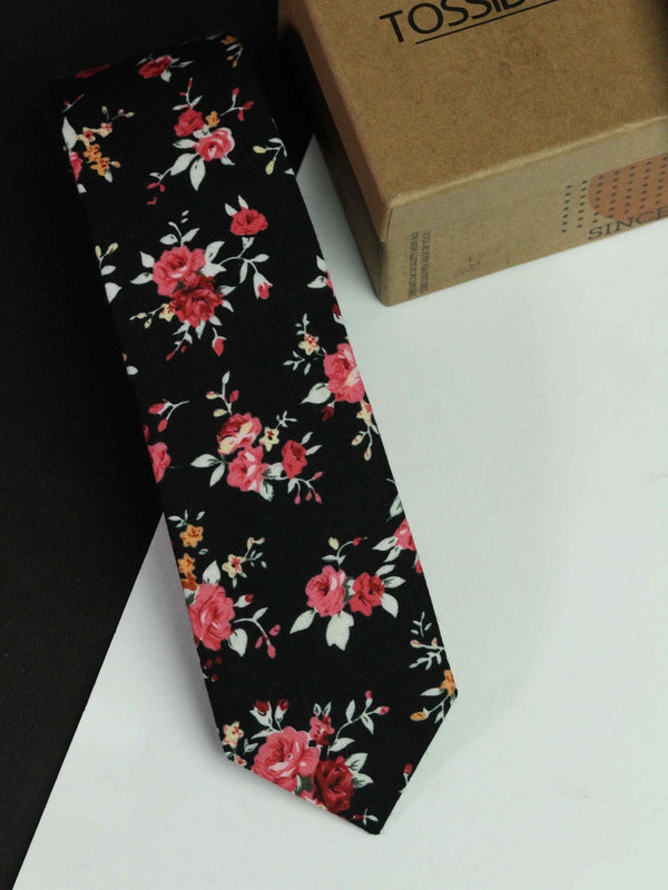 Black Floral Skinny Necktie - TOSSIDO