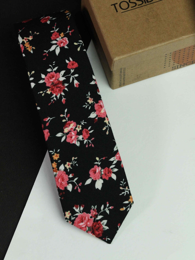 Black Floral Skinny Necktie - TOSSIDO