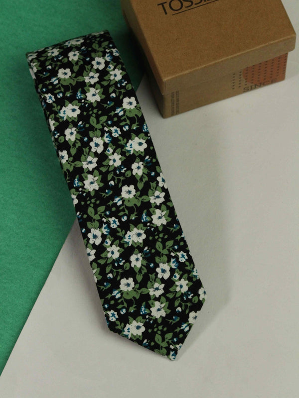 Black Floral Skinny Necktie - TOSSIDO