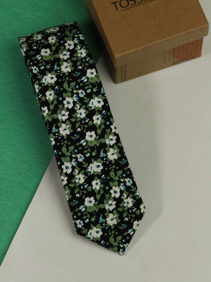 Black Floral Skinny Necktie - TOSSIDO