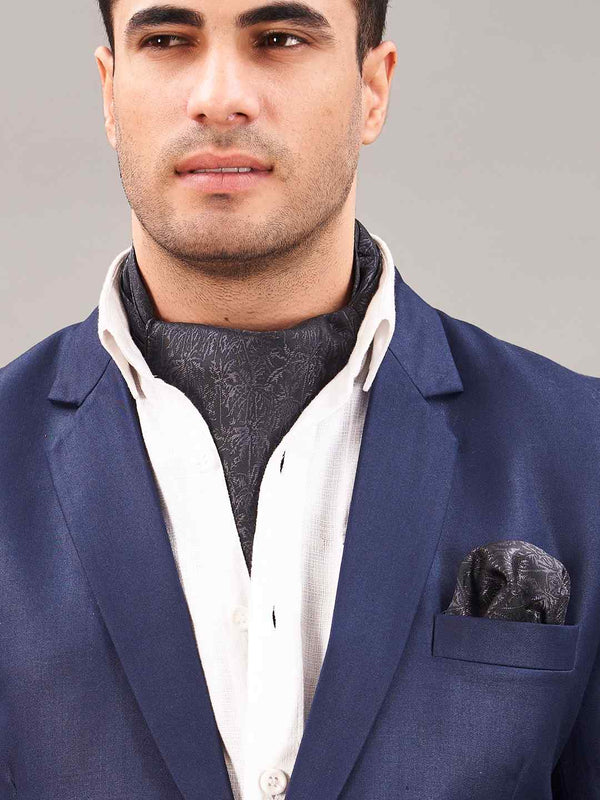 Black Floral Woven Ascot & Pocket Square - TOSSIDO