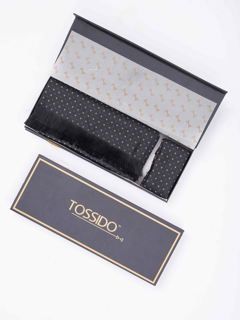 Black Geometric Reversible Stole & Pocket Square Set - TOSSIDO