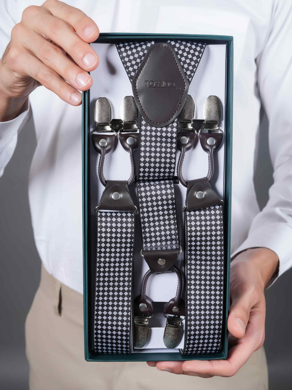 Black Geometric Suspender with Vegan Leather Patch - TOSSIDO