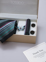 Black & Green Striped Necktie Pocket Square Brooch & Cufflinks Giftset - TOSSIDO