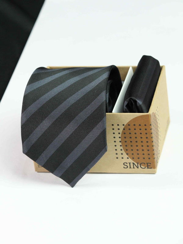 Black & Grey Necktie & Pocket Square Giftset - TOSSIDO