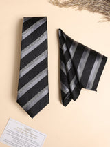 Black & Grey Stripe Performance Silk™ Necktie & Pocket Square Gift Set - TOSSIDO