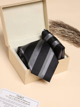 Black & Grey Stripe Performance Silk™ Necktie & Pocket Square Gift Set - TOSSIDO