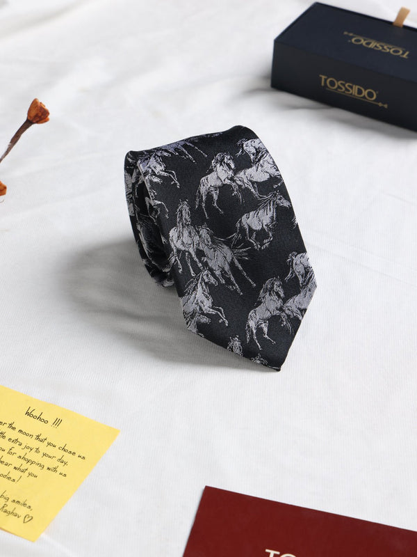 Black Horse Woven Silk Necktie - TOSSIDO
