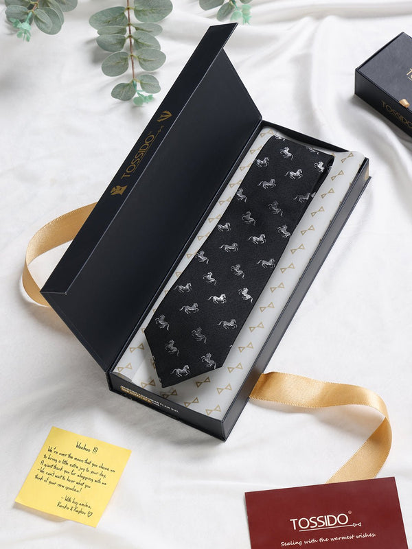 Black Horse Woven Silk Necktie - TOSSIDO