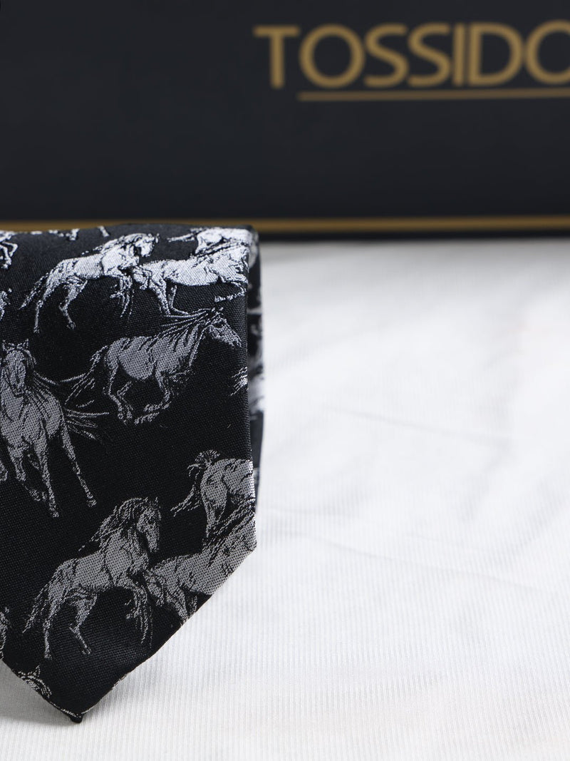 Black Horse Woven Silk Necktie - TOSSIDO