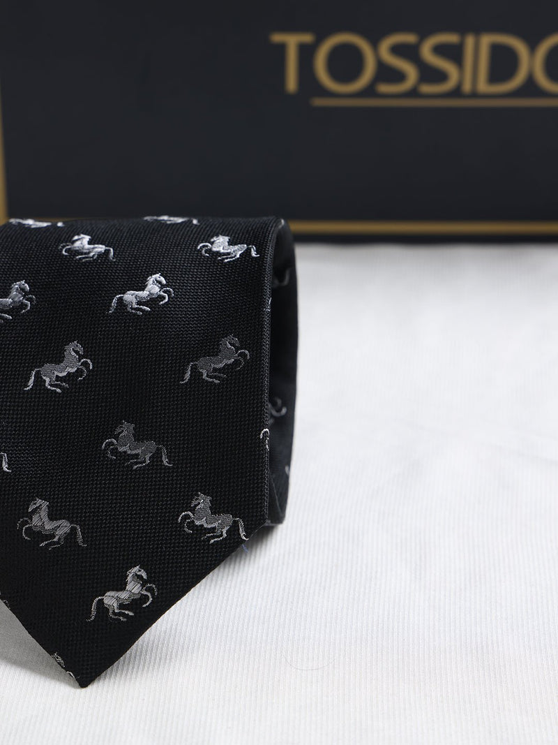 Black Horse Woven Silk Necktie - TOSSIDO
