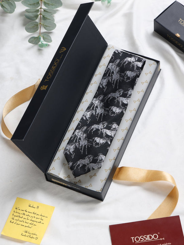 Black Horse Woven Silk Necktie - TOSSIDO