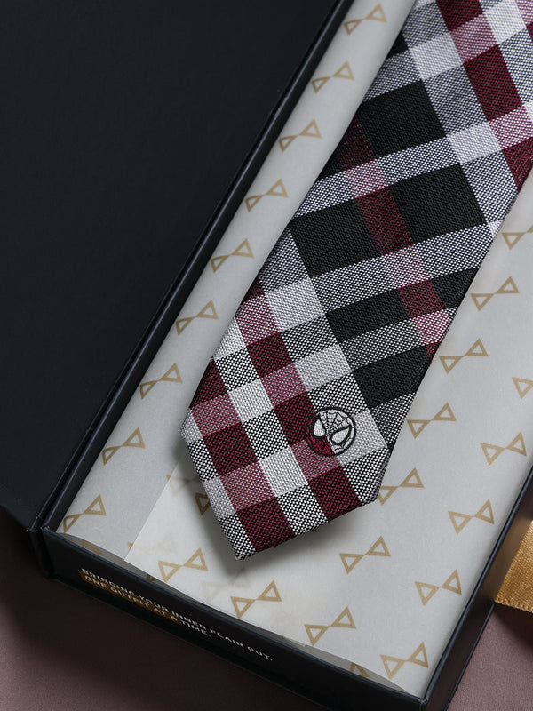 Black & Maroon Plaid Woven Silk Skinny Necktie - TOSSIDO